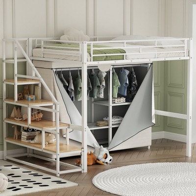 Twin/Full Size Metal Loft Bed with Wardrobe and Storage Shelves, White - ModernLuxe