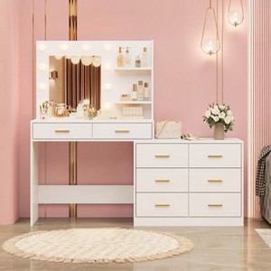 Jojoka 61" Makeup Vanity Desk with Mirror and Lights, Vanity Table with 8 Drawers & 2 Shelves, Adjustable LED Lighting - 1 of 4