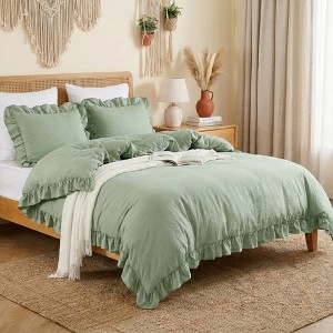 Ruffle Duvet Cover Set, Soft Washed Microfiber Vintage French Country Duvet Cover Set with Button Closure - 1 of 4