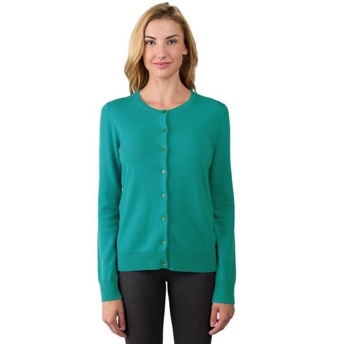 Jennie Liu Women s 100 Cashmere Button Front Long Sleeve Crewneck Cardigan Sweater 1575 Emerald Small Target