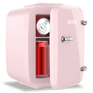 YASHE 4L Mini Fridge, 6-Can Thermoelectric Cooler & Warmer, 110V AC/12V DC, for Skincare, Drinks, Office, Dorm, Bedroom, Car, Pink - 1 of 4