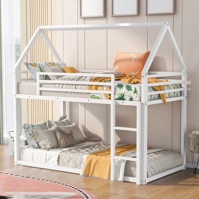Twin Over Twin House Bunk Bed With Built-in Removable Ladder, Metal Twin Size Bunk Bed, Metal Frame Bunk Bed Frame With Ladders