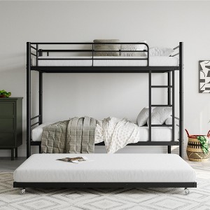 Twin bunk beds with trailer, metal bunk beds with ladder and full-length guardrail, space saving bunk beds - 1 of 4