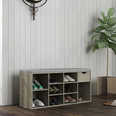 Lycvki Entryway Shoe Bench with Padded Cushion, Drawer and Open Compartments