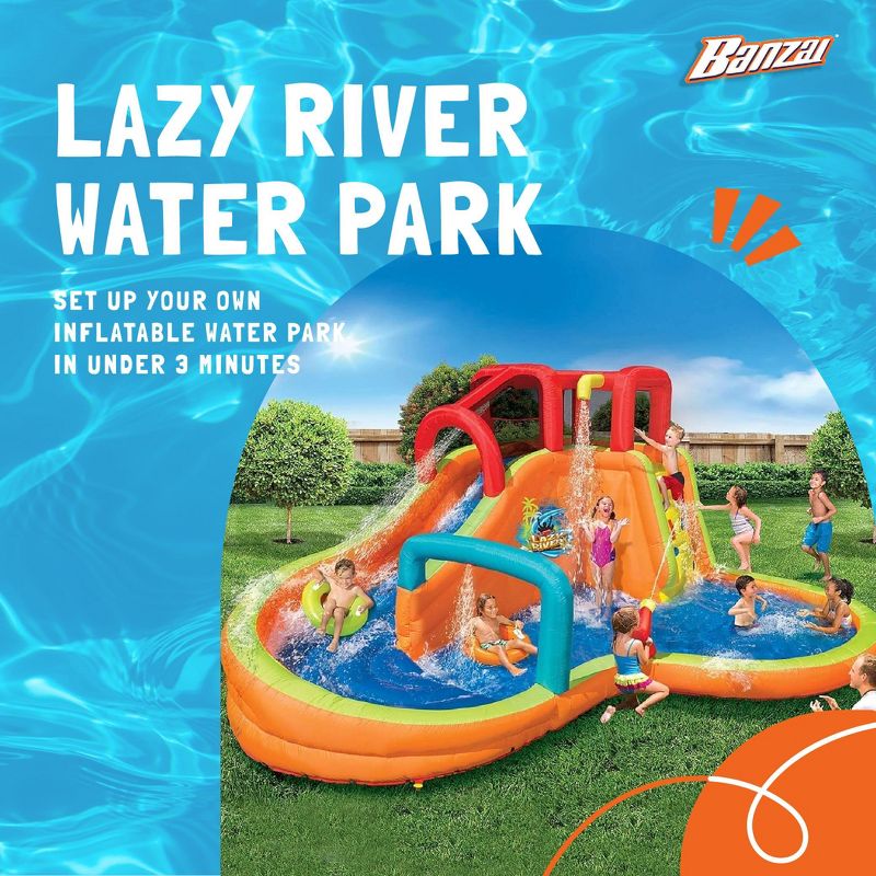 Banzai Kids Inflatable Outdoor Lazy River Adventure Water Park Slide with Pool, Cannons, 2 Inflatable River Rings, and GFCI Air Blower Motor, 3 of 8