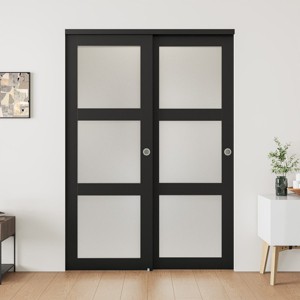 SMARTSTANDARD 78.58 in. Height Tempered 3-Lite Frosted Glass Black Wardrobe Sliding Closet Door with Hardware Kit - 1 of 4