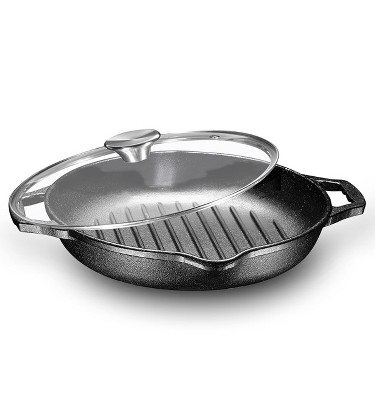 Bruntmor Pre-Seasoned Cast Iron Grill Pan for Outdoor/Indoor Cooking. 12  Large Skillet 