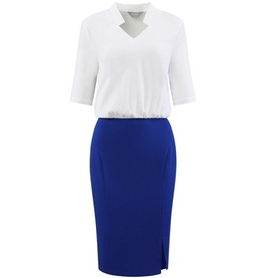 Hobemty Women's Short Sleeve Work Contrast Color V Neck Pencil Sheath Dress