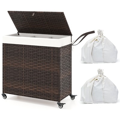 Tangkula Laundry Hamper w/Wheels & Lid 125L 3-Section Clothes Hamper w/2 Liner Bags Brown