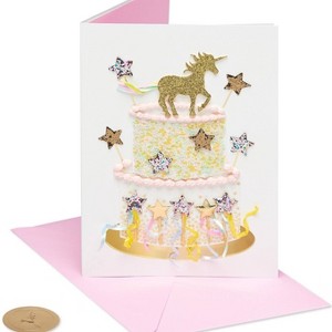 Unicorn Cake Print Happy Birthday Card - PAPYRUS: Beige Folded Greeting Card with Envelopes, Shapes Design, 7" x 5" - 1 of 4
