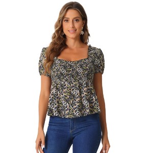 INSPIRE CHIC Women's Short Sleeve Floral Sweetheart Neck Shirred Ruffle Peasant Top - 1 of 4