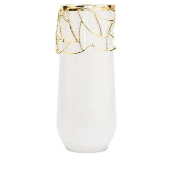 Classic Touch White Glass Vase with Gold Mesh Design