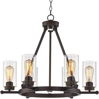 Franklin Iron Works Holman Bronze Wagon Wheel Chandelier 26 3/4" Wide Rustic Farmhouse Clear Glass 6-Light Fixture for Dining Room Kitchen Island Home