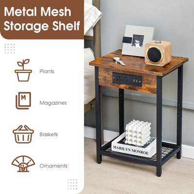 Rustic Brown Industrial End Tables with Charging Station, Set of 2