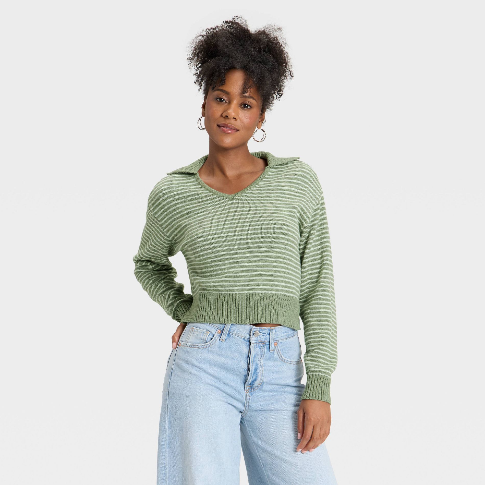 Women's Collared Neck Pullover Sweater - Universal Thread™ Green Striped M