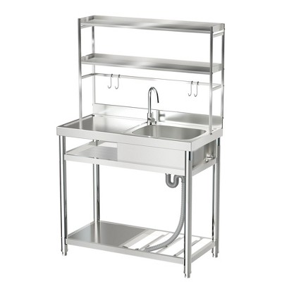 63" Freestanding Stainless Steel Outdoor Utility Sink with Storage Shelves