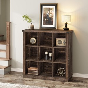 9 Cube Storage Organizer Bookshelf, 37.4" Grey 4-Tier Farmhouse Bookcase, Long Low Wood Storage Shelf for Entryway & Living Room - 1 of 4