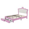 Single Dimension Upholstered Bed Frame with LED Lights, Modern Princess Bed with Crown Headboard and Drawer. - 2 of 4