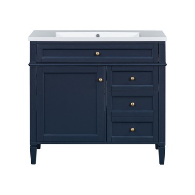 Vynxaria 36 inch Ocean Blue Modern Single Sink Freestanding Bath Vanity with Resin Top Two Full Extension Drawers One Tip Out Drawer Soft Close Door
