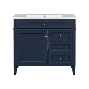 Vynxaria 36 inch Ocean Blue Modern Single Sink Freestanding Bath Vanity with Resin Top Two Full Extension Drawers One Tip Out Drawer Soft Close Door - 1 of 4