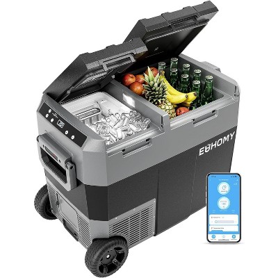 EUHOMY 48Qt Dual Zone APP Control Outdoor Portable Car Refrigerator with Wheels in Black
