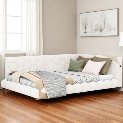 Full Size Upholstered Platform Bed with LED Lights, USB Ports, Teddy Fabric, No Box Spring Needed, White Modern Frame