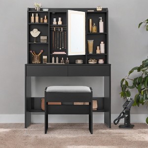 Vanity Desk with Mirror, Lights, and Adjustable Storage - Makeup Vanity Set with Upholstered Stool for Bedroom - 1 of 4