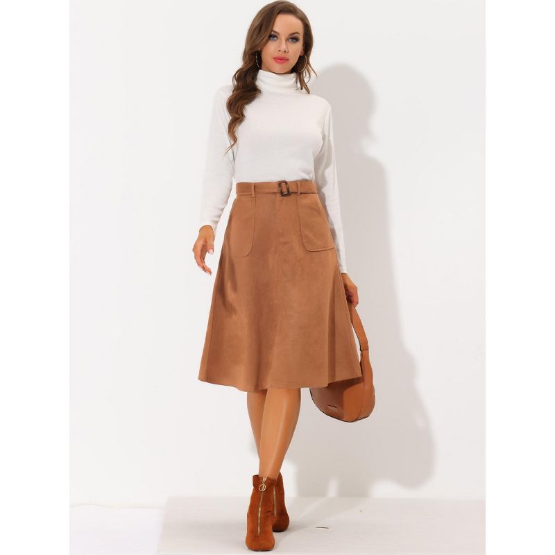 Allegra K Women's Casual Faux Suede Pockets Stretch A-line Midi Skirt with Belt, 2 of 7