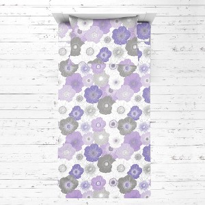 Bacati - Watercolor Floral Purple Gray 3 pc Toddler Bed Sheet Set - 1 of 4