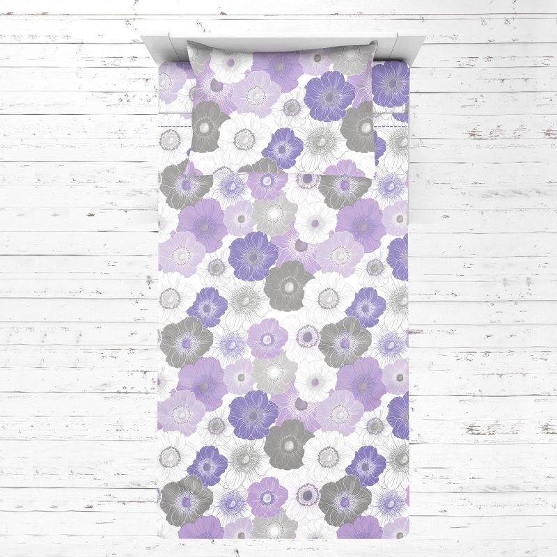 Bacati - Watercolor Floral Purple Gray 3 pc Toddler Bed Sheet Set, 1 of 9