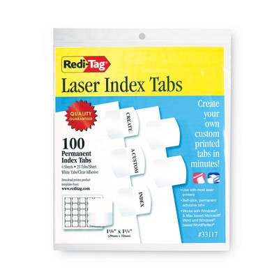 Redi-Tag Laser Printable Index Tabs, 1/5-Cut, White, 1.13" Wide, 100/Pack