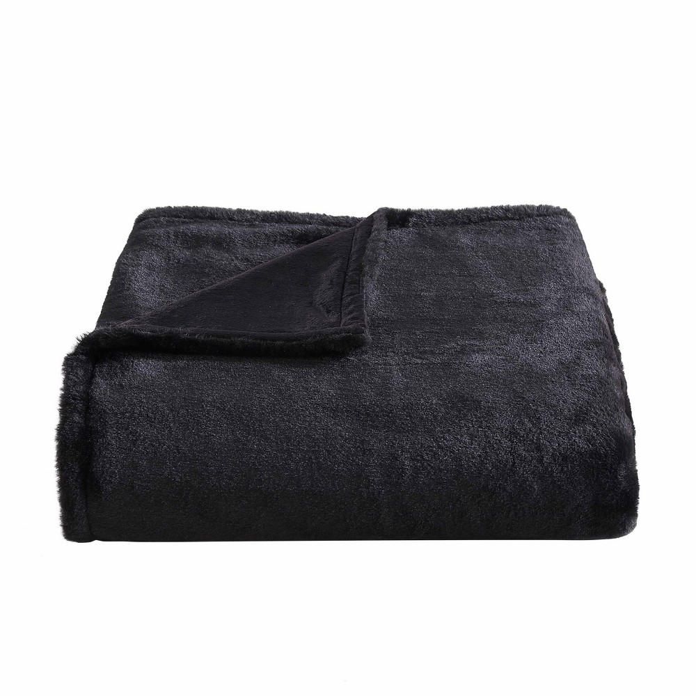 Photos - Duvet 50"x60" Faux Fur Solid Reversible Throw Blanket Black - City Scene: Luxurious, Lightweight, Machine Washable