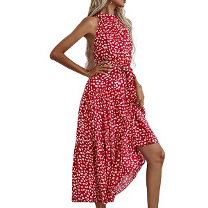 Anna-Kaci Women's Halter Neck Floral Maxi Dress with Waist Tie and Flowing Skirt - 1 of 4