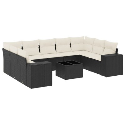 vidaXL 10 Piece Patio Sofa Set with Cushions Black Poly Rattan - Black and Cream With Table