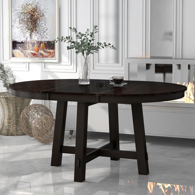 Farmhouse Round Extendable Dining Table with 16" Leaf Wood Kitchen Table - ModernLuxe, 2 of 11