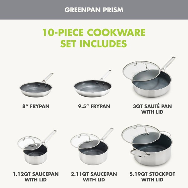 Juego de utensilios de cocina GreenPan Prism 10 piezas híbrido de acero inoxidable y cerámica antiadherente 5