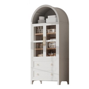 Gulches Modern Farmhouse Arched Kitchen Pantry Cabinet - 2 Large Drawers, Adjustable Shelves, Glass Door, Wood, White, 30"W x15.75"D x71"H - 1 of 4