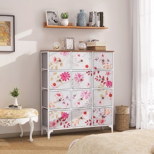 ZACHVO 12-Drawer Exclusive Pink Flower Fabric Dresser – 3×4 Tall Chest with Water-Resistant Wood Top, Anti-Tip Kit & 4 Adjustable Feet - 1 of 4