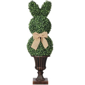 Whizmax 39"/3.25' Bunny Topiary - UV-Resistant Artificial Boxwood Rabbit Topiaries with Planter Pots, Indoor/Outdoor Decor with Bow Knot - 1 of 4