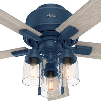 Hartland 52" Indigo Blue Low Profile Ceiling Fan with Chandelier Lighting