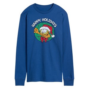 Men's - Garfield - Happy Holidays Wreath Long Sleeve Graphic T-Shirt - 1 of 4