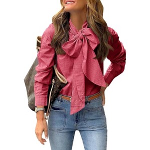 Imily Bela Elegant Plaid Blouse with Detachable Bow Tie Neck Long Sleeve Womens Casual Dressy Top - 1 of 4