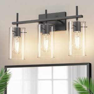 YANSUN 3-Head Black Bathroom Vanity Light with E26 Sockets, Non-Integrated Bulbs, Three-Hole Pierced Glass Shade - 1 of 1