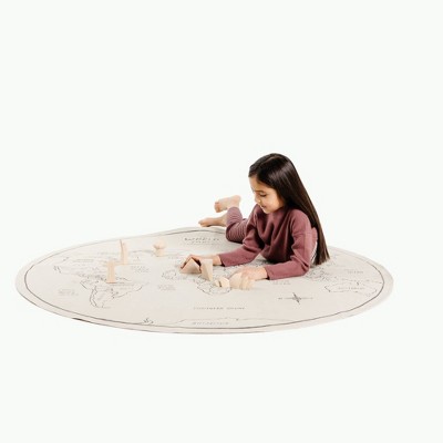 Gathre World Map Tapestry Circle Kids' Floor Mat: Off-White, Water-Resistant, Faux Leather, Indoor/Outdoor Use, 4'4"x4'4"