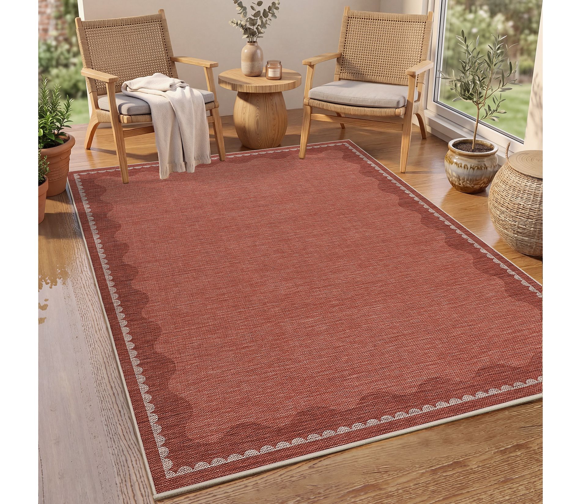 Garvee Easy Jute Area Rug, Indoor Outdoor Scalloped Pattern Border Rugs for Living Room Bedroom Kitchen, Washable Low Pile Non-Slip Floor Carpet