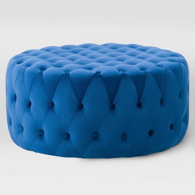 Lynwood Velvet Large Round Tufted Ottoman Blue - CorLiving