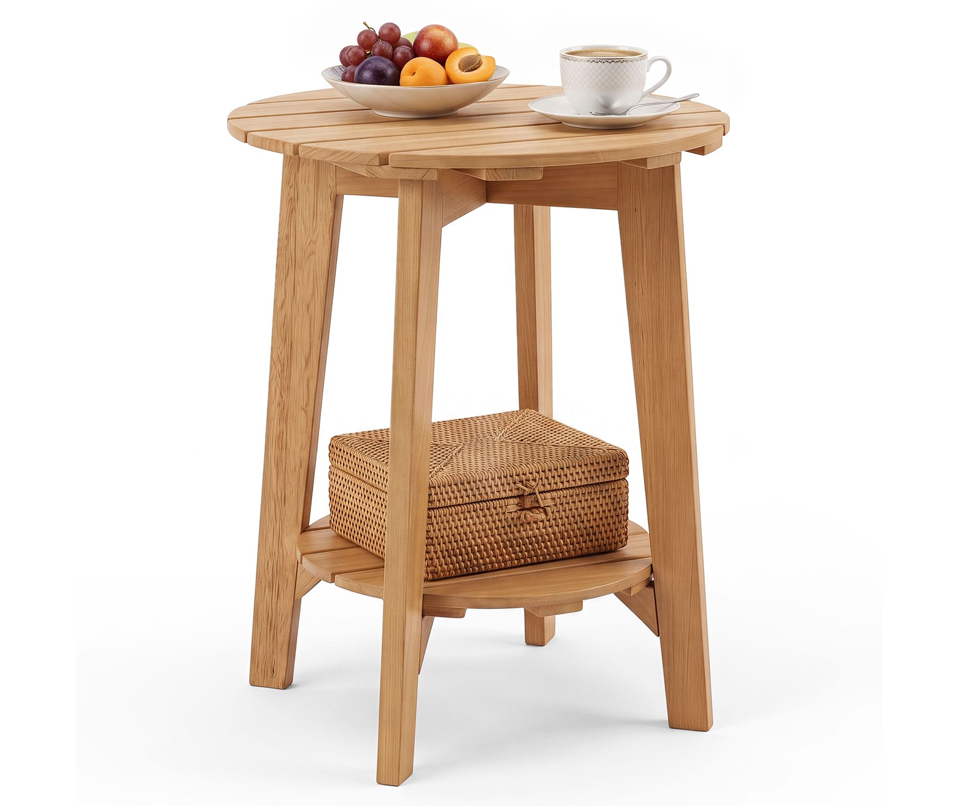 Costway 1 PCS Outdoor Eucalyptus Wood Side Table, 2-Tier Patio End Table, Slatted Tabletop Natural
