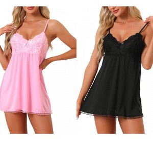 cheibear Women's Lace V-neck A-line Nightgowns with Adjustable Strap 2 Pcs - 1 of 4