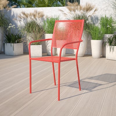 Coral Pink Metal Rain Flower Design Arm Dining Chair