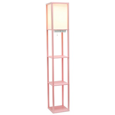 Light Pink Etagere Floor Lamp with USB Ports and Linen Shade